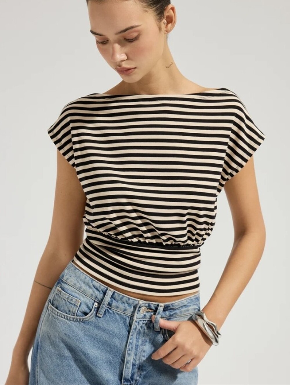 NWT COMMENSE Striped Boat Neck Cinch Waist Top-Black - Picture 3 of 9